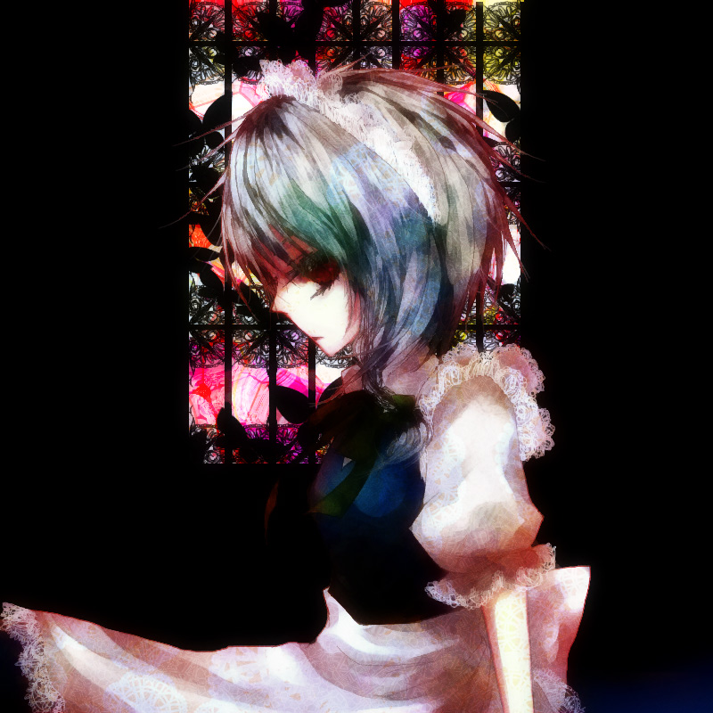 memai, izayoi sakuya, touhou, bad id, bad pixiv id, 1girl, apron, female focus, hairband, maid, maid apron, red eyes, solo, white hair, window
