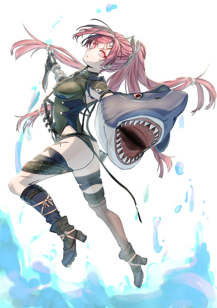 smallpine 7, meg (granblue fantasy), ursula (granblue fantasy), granblue fantasy, commentary request, partial commentary, 1girl, ankle boots, ass, asymmetrical legwear, belt, boots, breasts, brown belt, brown boots, cross scar, dagger, full body, fusion, gauntlets, green leotard, hair ornament, high heel boots, high heels, highleg, highleg leotard, holding, holding dagger, holding knife, holding weapon, knife, large breasts, leotard, long hair, looking at viewer, mismatched legwear, parted lips, ponytail, red eyes, red hair, scar, scar across eye, scar on face, scar on leg, shark, sharp teeth, sheath, shoulder pads, sidelocks, single gauntlet, skindentation, solo, teeth, thigh strap, weapon