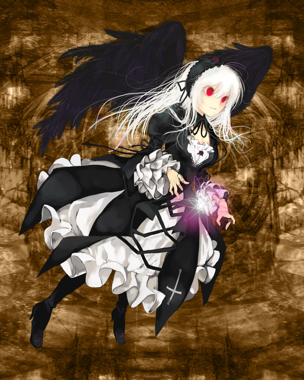 caterpillar (artist), shiratama shima, suigintou, rozen maiden, highres, 00s, 1girl, female focus, long hair, red eyes, solo, white hair, wings