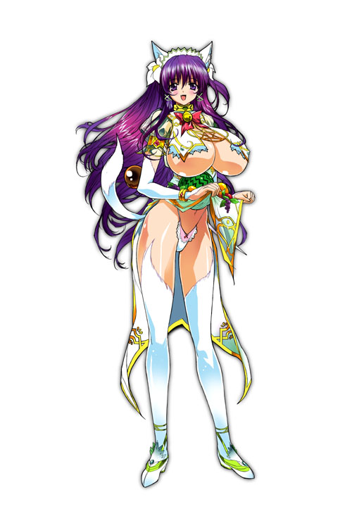 q azieru, 1girl, animal ears, bell, blush, bow, breasts, bridal gauntlets, cat ears, cat tail, cleavage, clothes lift, dress, dress lift, female focus, flower, food, fruit, highleg, huge breasts, legs, long hair, looking at viewer, open mouth, panties, purple eyes, purple hair, simple background, smile, solo, standing, tail, thighhighs, underboob, underwear, very long hair, watermelon, white background, white thighhighs
