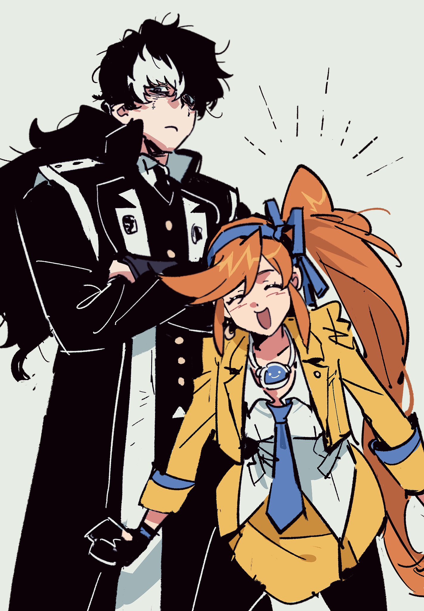 athena cykes, simon blackquill, ace attorney, chinese commentary, commentary request, highres, 1boy, 1girl, 3181479745 xiao, black gloves, black hair, black jacket, black necktie, black pantyhose, blue bow, blue hairband, blue necktie, bow, bow hairband, closed eyes, closed mouth, collared shirt, crescent, crescent earrings, cropped jacket, crossed arms, earrings, facing viewer, gloves, hair between eyes, hair bow, hairband, jacket, jewelry, long hair, long sleeves, looking at viewer, multicolored hair, necklace, necktie, open clothes, open jacket, open mouth, orange hair, pantyhose, shirt, side ponytail, single earring, skirt, two-tone hair, very long hair, white hair, white shirt, yellow jacket, yellow skirt