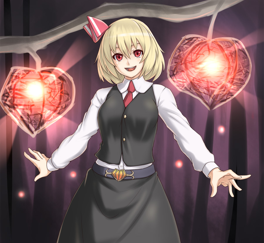 houtengeki, rumia, embodiment of scarlet devil, touhou, 1girl, :d, aged up, blonde hair, chinese lantern (plant), female focus, open mouth, red eyes, short hair, smile, solo