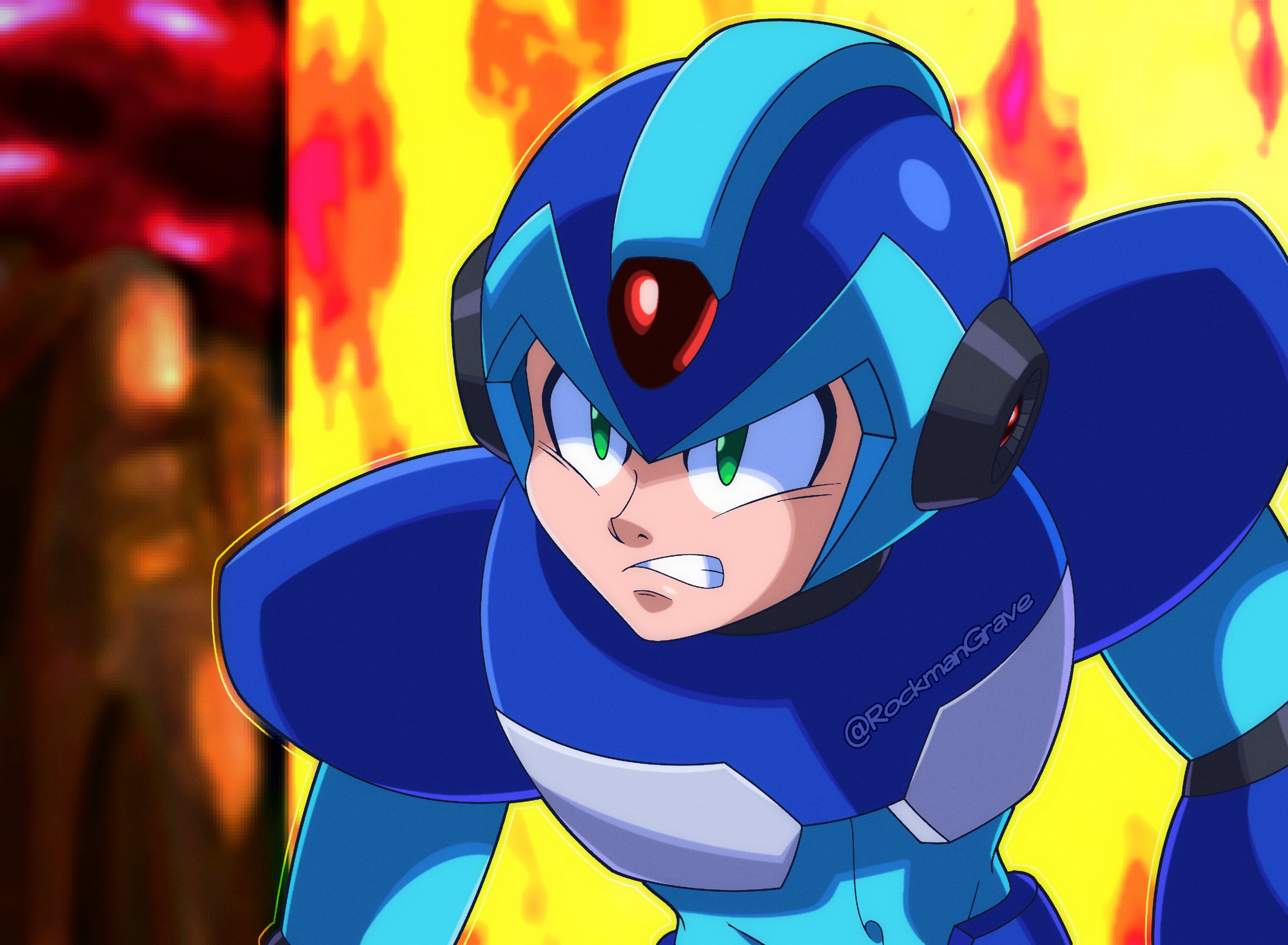 rockmangrave, x (mega man), mega man (series), mega man x (series), absurdres, highres, 1boy, android, armor, blue armor, blue helmet, blurry, blurry background, forehead jewel, helmet, solo, twitter username, upper body