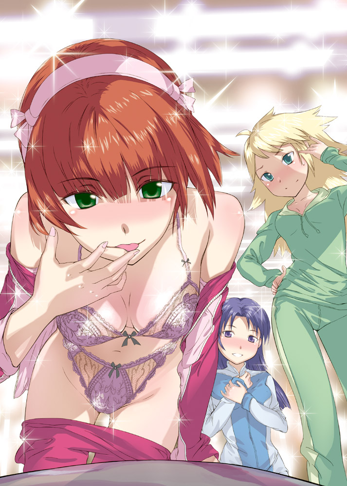 princess spirit, amami haruka, hoshii miki, kisaragi chihaya, idolmaster, idolmaster (classic), idolmaster 1, 00s, blush, bow, bow bra, bow panties, bra, fellatio, green eyes, hairband, lingerie, naughty face, open clothes, oral, panties, purple bra, purple panties, tongue, underwear, undressing