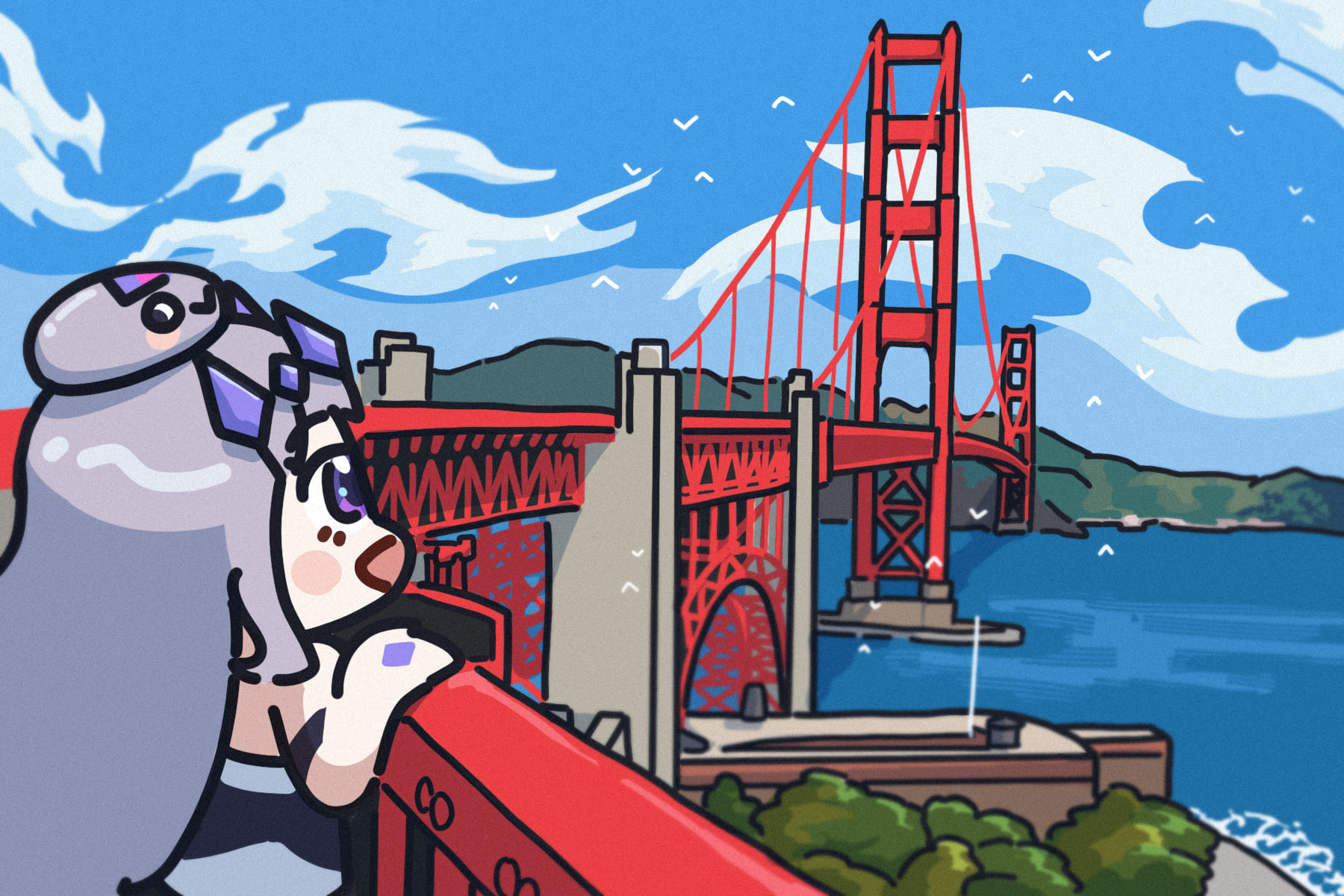 bing huyue, koseki bijou, koseki bijou (1st costume), pebble (koseki bijou), hololive, hololive english, commentary, english commentary, highres, 1girl, 1other, blush stickers, bridge, chibi, cloud, cloudy sky, gem, gem hair ornament, golden gate bridge, hand jewel, long hair, looking at viewer, ocean, open mouth, purple eyes, purple gemstone, purple hair, san francisco, shore, simple bird, sky, united states, virtual youtuber, waves
