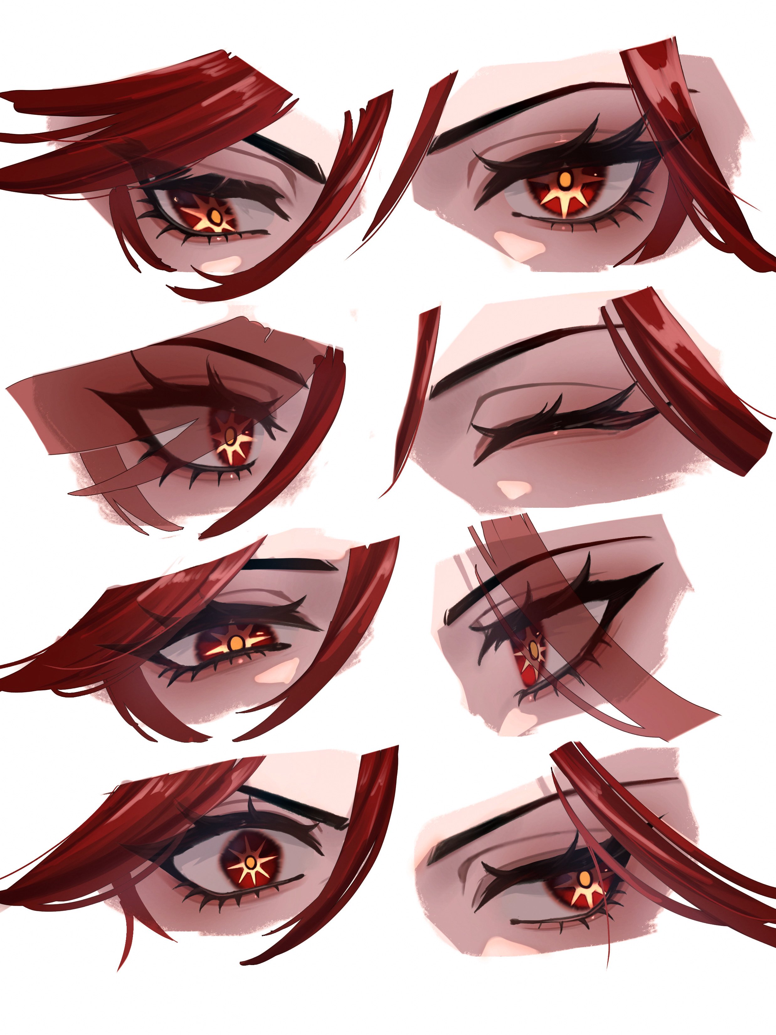 if0208, mavuika (genshin impact), genshin impact, absurdres, highres, eyelashes, red eyes, red hair, simple background, solo, symbol in eye, white background, yellow pupils