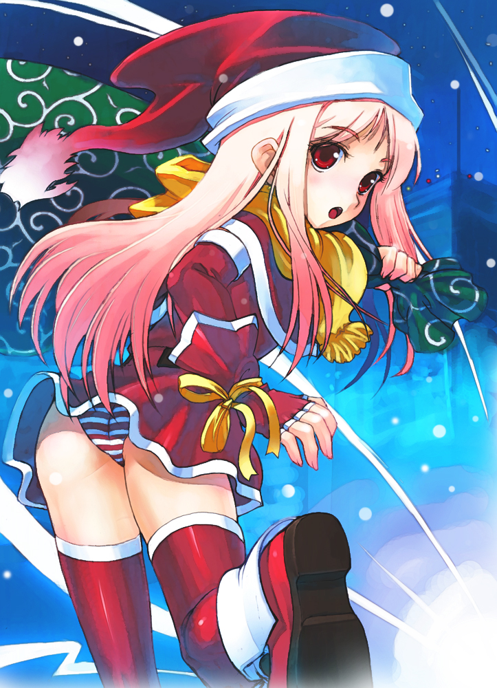 hirokiku, original, eyebrows, 1girl, :o, ass, bag, blonde hair, blue background, boots, capelet, christmas, christmas stocking, dress, female focus, fingerless gloves, from behind, gloves, gradient hair, hat, holding, holding bag, long hair, looking at viewer, looking back, multicolored hair, panties, pantyshot, parted bangs, pink hair, red boots, red dress, red eyes, red gloves, red thighhighs, ribbon, sack, santa costume, santa hat, scarf, shoe soles, short dress, snowing, solo, standing, standing on one leg, striped clothes, striped panties, thighhighs, underwear, yellow ribbon, yellow scarf