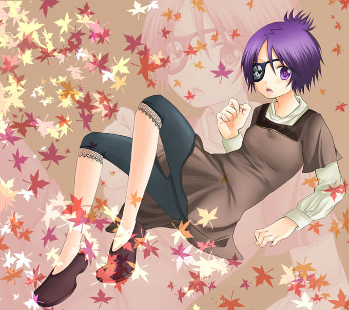 kayaku, chrome dokuro, katekyo hitman reborn!, 00s, 1girl, autumn leaves, brown background, brown shoes, capri pants, eyepatch, female focus, full body, layered sleeves, leaf, long sleeves, pants, purple eyes, purple hair, shoes, short over long sleeves, short sleeves, solo