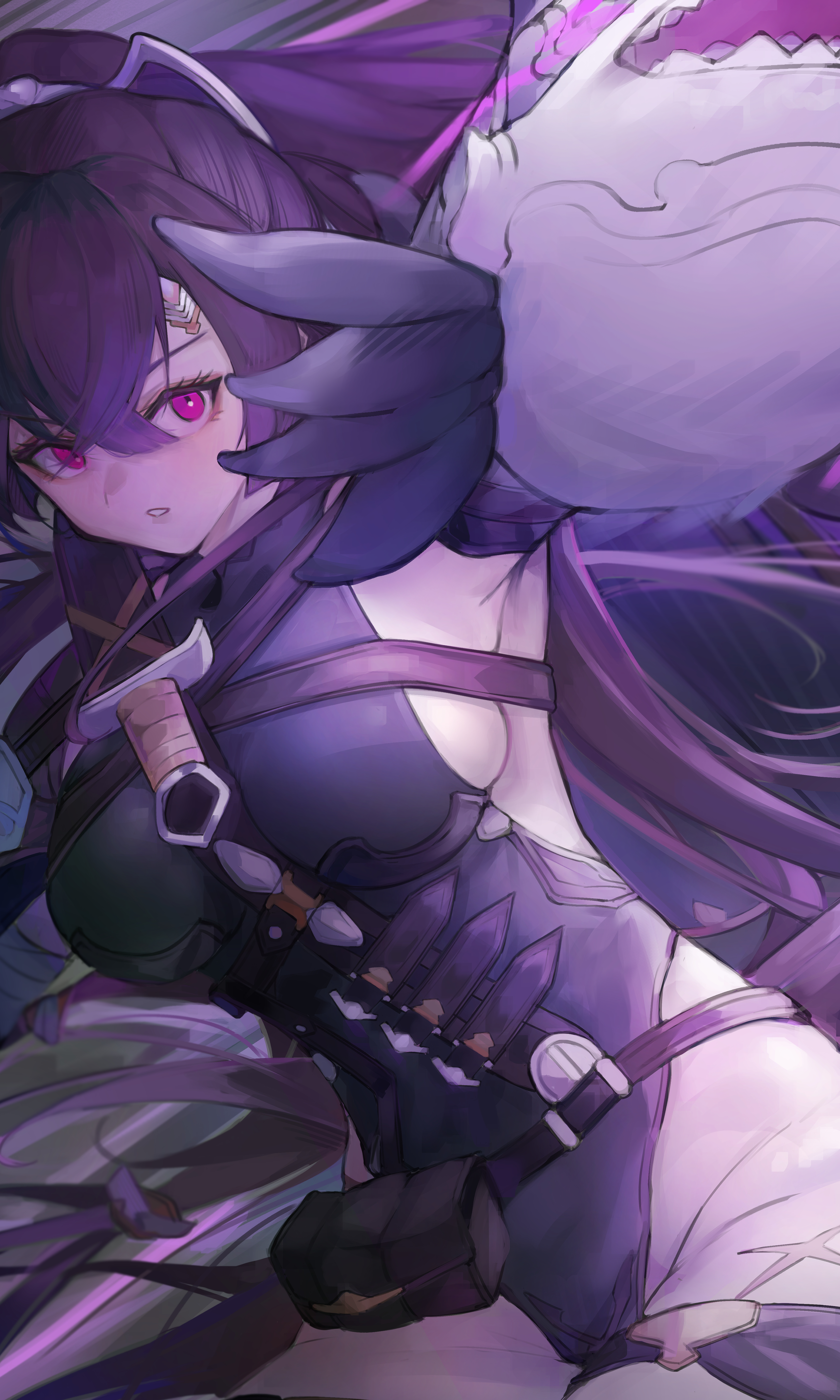 purassi88, meg (granblue fantasy), ursula (granblue fantasy), granblue fantasy, absurdres, commentary request, highres, 1girl, belt, belt pouch, breasts, brown belt, cowboy shot, cross scar, dagger, fusion, groin, hair between eyes, highleg, highleg leotard, knife, large breasts, leotard, long hair, parted lips, ponytail, pouch, red eyes, red hair, scar, scar on leg, shark, sheath, sheathed, sideboob, sidelocks, solo, weapon