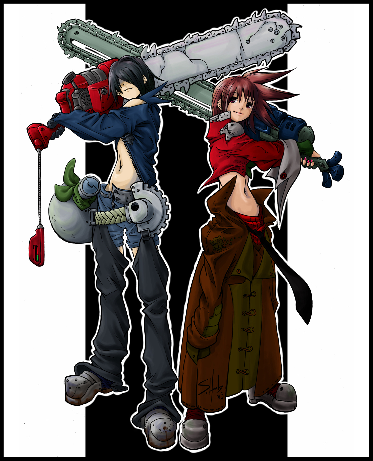 shaun healey, highres, chainsaw, midriff, navel, red hair