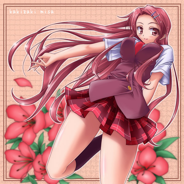 kakizaki misa, mahou sensei negima!, 00s, 1girl, black socks, female focus, flower, hibiscus, kneehighs, long hair, looking at viewer, plaid clothes, plaid skirt, pleated skirt, red eyes, red hair, red skirt, school uniform, skirt, socks, solo, very long hair