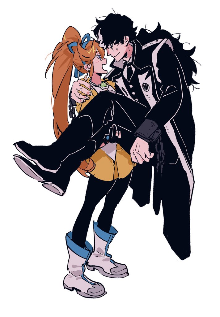 athena cykes, simon blackquill, ace attorney, hashtag-only commentary, 1boy, 1girl, 3181479745 xiao, :d, black hair, black jacket, black necktie, black pants, black pantyhose, black shoes, blue bow, blue eyes, blue hairband, bow, bow hairband, closed mouth, crescent, crescent earrings, cuffs, earrings, full body, hair bow, hairband, jacket, jewelry, long hair, looking at another, multicolored hair, necktie, open mouth, orange hair, pants, pantyhose, ponytail, reverse princess carry, shackles, shoes, side ponytail, skirt, smile, two-tone hair, very long hair, white hair, white shoes, yellow jacket, yellow skirt