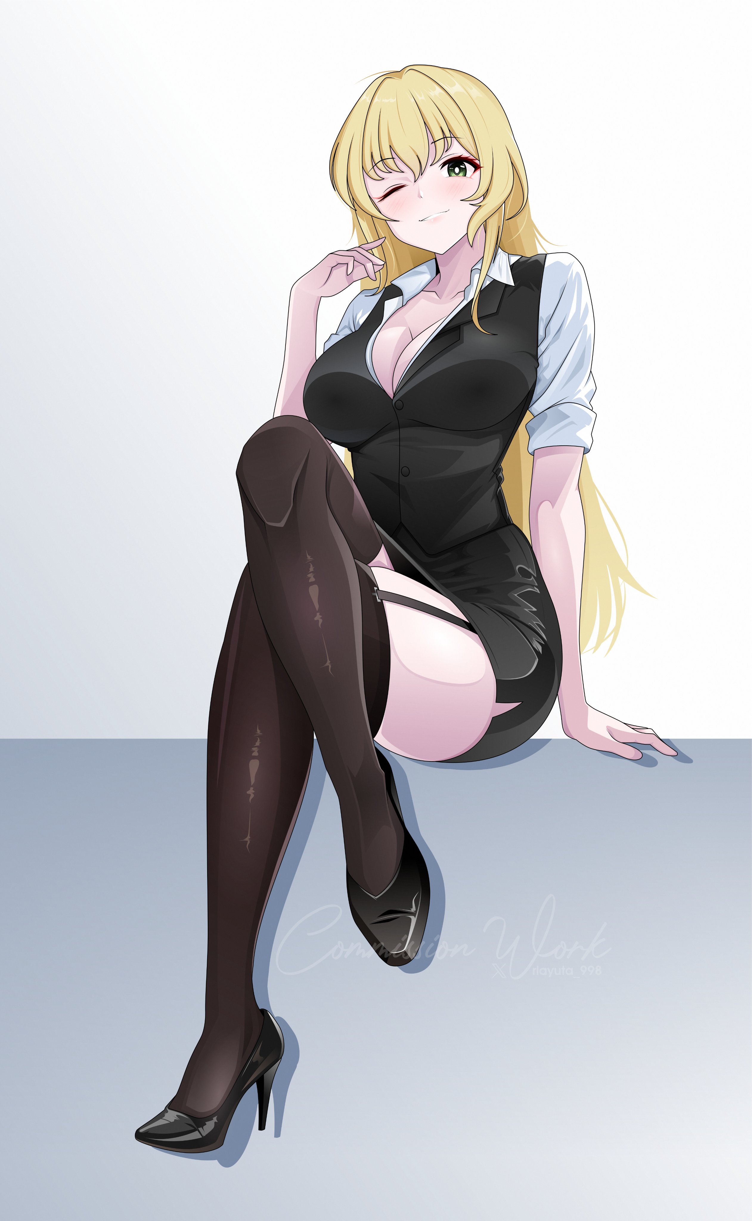 rlayuta, original, absurdres, commentary, commission, highres, 1girl, black thighhighs, blonde hair, breasts, cleavage, crossed legs, full body, garter straps, green eyes, high heels, large breasts, long hair, looking at viewer, office lady, one eye closed, open clothes, open shirt, pencil skirt, signature, skirt, smile, solo, thighhighs