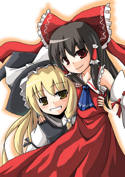 aoi satsuki, hakurei reimu, kirisame marisa, touhou, 2girls, :d, ascot, blonde hair, female focus, grin, hat, long hair, looking at viewer, multiple girls, open mouth, red skirt, simple background, skirt, smile, teeth, white background, witch hat
