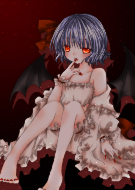 kasuga sunao, remilia scarlet, touhou, 1girl, barefoot, blue hair, female focus, gradient background, red eyes, short hair, solo, underwear, wings