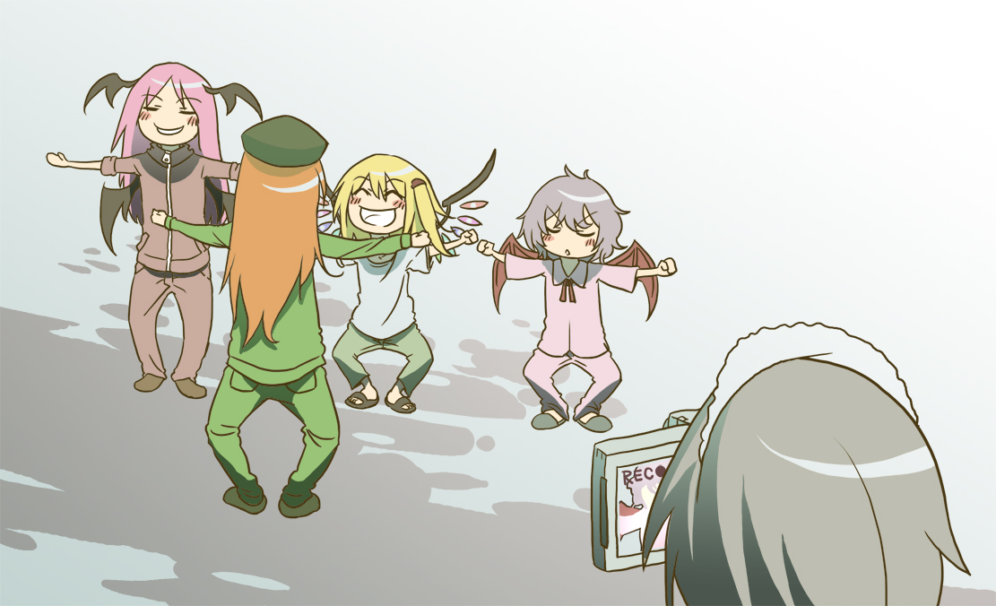 tokomichi, flandre scarlet, hong meiling, izayoi sakuya, koakuma, remilia scarlet, embodiment of scarlet devil, touhou, silver hair, 5girls, bat wings, blonde hair, blue hair, camcorder, camera, exercising, female focus, hairband, hat, head wings, long hair, multiple girls, red hair, sandals, short hair, video camera, wings