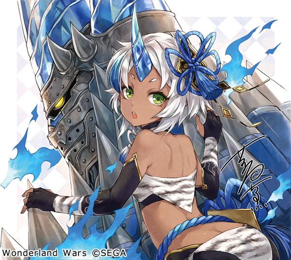 hagiya kaoru, sega, wonderland wars, official art, 1girl, :o, animal print, bare shoulders, black gloves, blue fire, blue horns, company name, copyright name, copyright notice, dark-skinned female, dark skin, elbow gloves, fingerless gloves, fire, gloves, green eyes, horns, looking at viewer, mecha, oni, robot, short hair, signature, single horn, sleeveless, solo, tatara (wonderland wars), teeth, tiger print, upper teeth only, v-shaped eyebrows, white hair, white tiger print