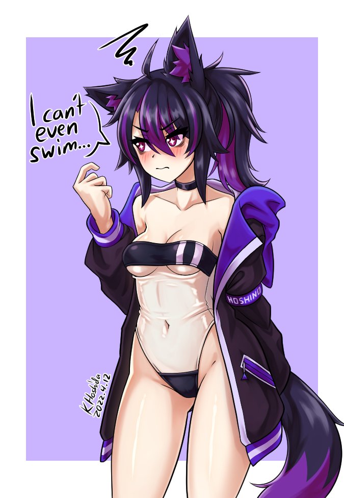 vixenofthestars, original, commentary, english commentary, 1girl, ahoge, animal ear fluff, animal ears, arm behind back, artist name, black choker, black fur, black hair, black jacket, blush, border, bow, breasts, choker, cleavage, collarbone, colored inner hair, cowboy shot, cross-shaped pupils, dated, english text, fox ears, fox girl, fox tail, gris swimsuit, hair between eyes, hand up, high ponytail, highleg, highleg one-piece swimsuit, jacket, medium breasts, multicolored hair, navel, off shoulder, one-piece swimsuit, ponytail, purple bow, purple fur, purple hair, purple lining, purple streaks, red eyes, see-through clothes, see-through one-piece swimsuit, sidelocks, sideways glance, signature, solo, speech bubble, squiggle, sumire (vixenofthestars), swimsuit, symbol-shaped pupils, tail, underboob, white border, zipper pull tab