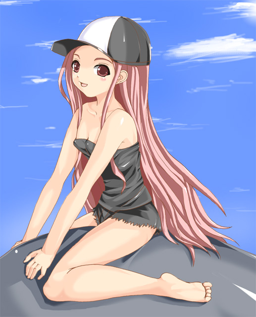 kakizaki misa, mahou sensei negima!, 00s, 1girl, bare legs, bare shoulders, baseball cap, blue sky, day, female focus, hat, long hair, looking at viewer, sidelocks, sitting, sky, solo, toes, very long hair, wariza