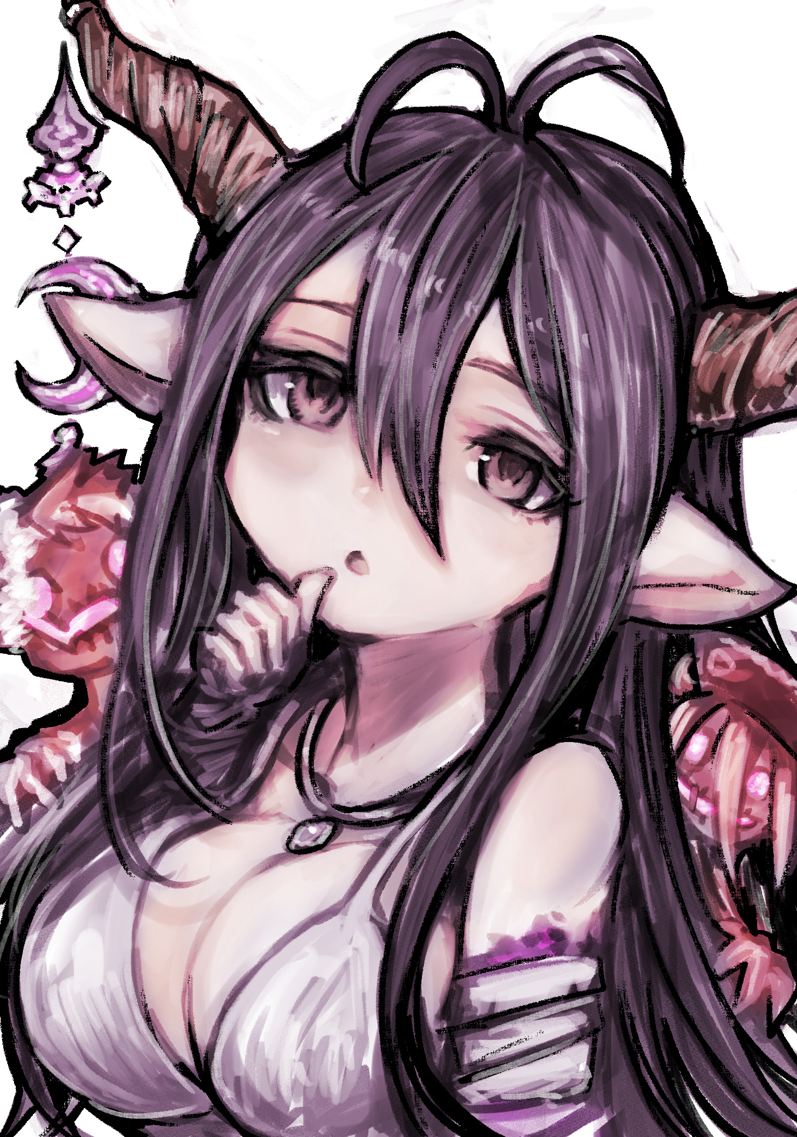 tsukihi shida, danua, gretel (granblue fantasy), hansel (granblue fantasy), granblue fantasy, highres, 1girl, antenna hair, bandaged arm, bandages, breasts, crescent, draph, horn ornament, horns, jewelry, large breasts, long hair, necklace, pointy ears, red eyes, thumb to mouth, upper body, white background