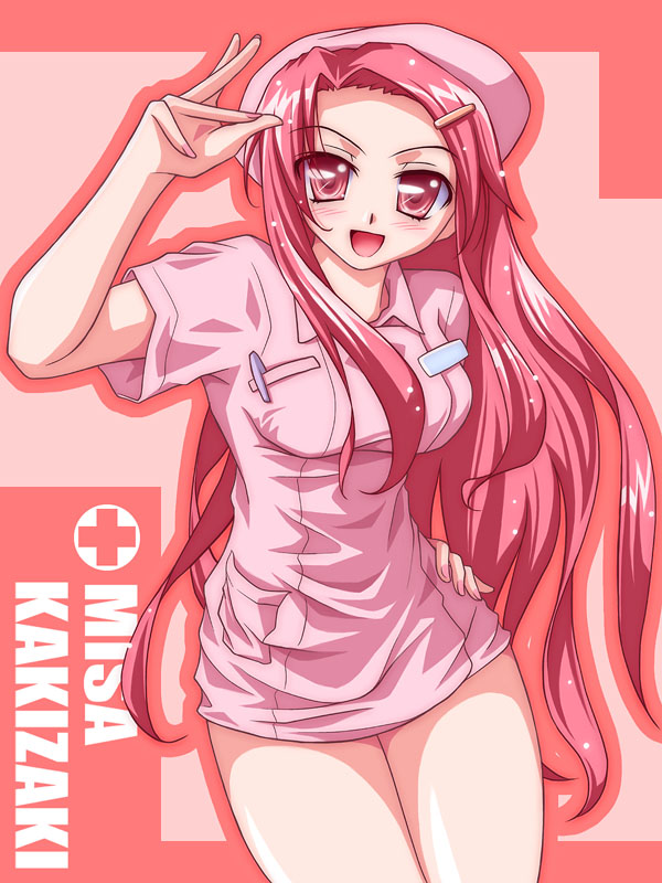 kakizaki misa, mahou sensei negima!, artist request, 00s, 1girl, :d, bare legs, blush, bottomless, brown hair, character name, female focus, hand on own hip, legs, looking at viewer, looking back, no pants, nurse, open mouth, pink eyes, pink hair, smile, solo, standing, tareme, thighs