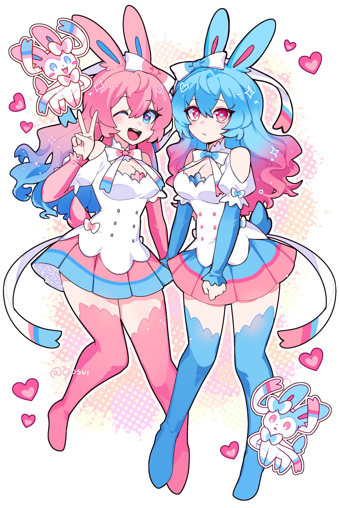 cio (ciosui), sylveon, nintendo, pokemon, commentary, highres, 2girls, :<, alternate color, animal ears, blue eyes, blue hair, blue thighhighs, bow, breasts, cleavage, cleavage cutout, clothing cutout, creature and personification, dual persona, gen 6 pokemon, gradient hair, hair bow, heart, heart-shaped pupils, medium breasts, miniskirt, multicolored hair, multiple girls, one eye closed, open mouth, personification, pink eyes, pink hair, pink thighhighs, pleated skirt, pokemon (creature), rabbit ears, shiny pokemon, skirt, symbol-shaped pupils, thighhighs, twitter username, v