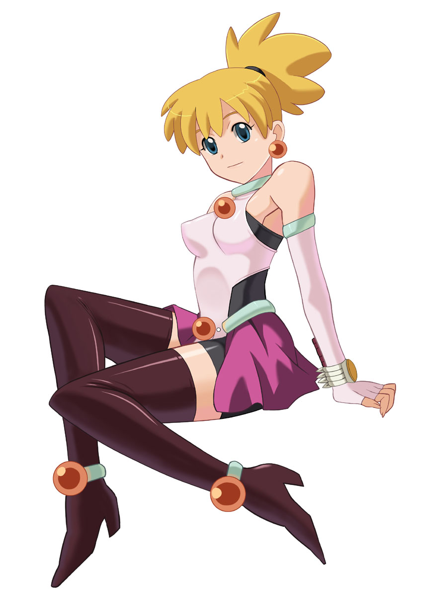 4st injection, corona (spider riders), spider riders, highres, 00s, 1girl, anklet, arm support, bare shoulders, bike shorts, blonde hair, blue eyes, boots, bracelet, breasts, earrings, elbow gloves, female focus, fingerless gloves, fingernails, gem, gloves, half-skirt, halterneck, high heels, jewelry, long fingernails, looking at viewer, miniskirt, neck ring, perky breasts, profile, scrunchie, shiny clothes, shoes, shorts, shorts under skirt, simple background, sitting, skirt, smile, solo, thigh boots, thighhighs, white background, zettai ryouiki
