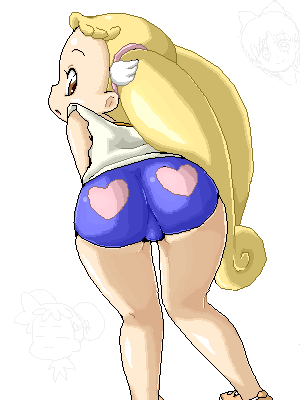 isu, makihatayama hana, ojamajo doremi, lowres, 1girl, ass, ass focus, back, bent over, blonde hair, female focus, heart, heart print, looking back, oekaki, shorts, solo, spandex, twintails, when you see it