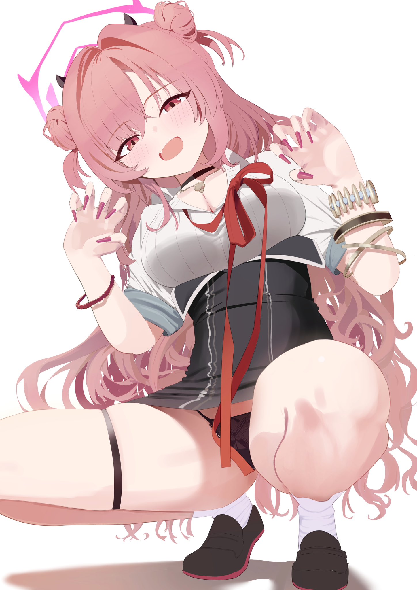 kirara (blue archive), blue archive, highres, 1girl, :d, amai2d, arms at sides, arms up, bare legs, black choker, black panties, black skirt, blush, bracelet, breasts, choker, cleavage, collared shirt, curly hair, double bun, fake horns, fang, fingernails, floral print, floral print panties, from below, full body, gyaru, hair bun, hair intakes, hairband, halo, hand up, high-waist skirt, horns, jewelry, kogal, large breasts, loafers, long fingernails, long hair, long sleeves, looking at viewer, loose necktie, miniskirt, multiple bracelets, nail polish, necklace, necktie, open mouth, panties, pantyshot, parted bangs, partially unbuttoned, pencil skirt, pink hair, pink halo, pink nails, pinky ring, print panties, red eyes, red necktie, ring, school uniform, see-through clothes, shirt, shoes, simple background, skindentation, skirt, smile, socks, solo, squatting, thigh strap, underbust, underwear, very long hair, wavy hair, white shirt, white socks