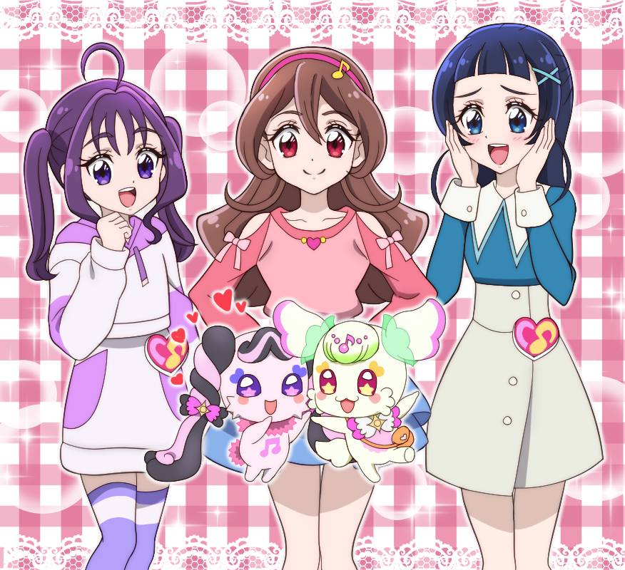 onomekaman, aokaze nana, meroron (precure), purirun (precure), sakura uta (precure), shigure kokoro, kimi to idol precure, precure, commentary, 5girls, :d, ahoge, arched bangs, arms behind back, arms up, bag, bare shoulders, beamed eighth notes, black bow, black hair, blue eyes, blue hair, blue shirt, blue skirt, blush, blush stickers, bow, bowtie, brooch, brown hair, bubble background, button up skirt, closed mouth, clothing cutout, collar, collarbone, collared shirt, contrast collar, cowboy shot, creature, curly hair, double-parted bangs, drawstring, eighth note, facial mark, fairy, fortissimo, fur-trimmed collar, fur trim, grey skirt, hair bow, hair bun, hair intakes, hair ornament, hairband, hands on own cheeks, hands on own face, heart, heart brooch, heart brooch holder, heart facial mark, hood, hood down, hoodie, idol heart brooch (precure), jewelry, lace background, legs together, long hair, long sleeves, looking at another, looking at viewer, looking down, mascot, medium hair, meroron (fairy) (precure), messenger bag, midair, multicolored bow, multicolored fur, multicolored hair, multiple girls, musical note, musical note hair ornament, open mouth, orange bag, outstretched arms, pink background, pink bow, pink collar, pink fur, pink hairband, pink shirt, plaid background, purirun (fairy) (precure), purple eyes, purple hair, purple hoodie, purple skirt, purple thighhighs, red eyes, shirt, shoulder bag, shoulder cutout, side-by-side, single hair bun, skirt, sleeve cuffs, smile, split mouth, spread arms, standing, star-shaped pupils, star (symbol), star brooch, star hair ornament, symbol-shaped pupils, tail, teeth, thighhighs, twintails, two-tone bow, two-tone fur, two-tone hair, upper teeth only, white bow, white bowtie, x hair ornament, yellow fur, zettai ryouiki