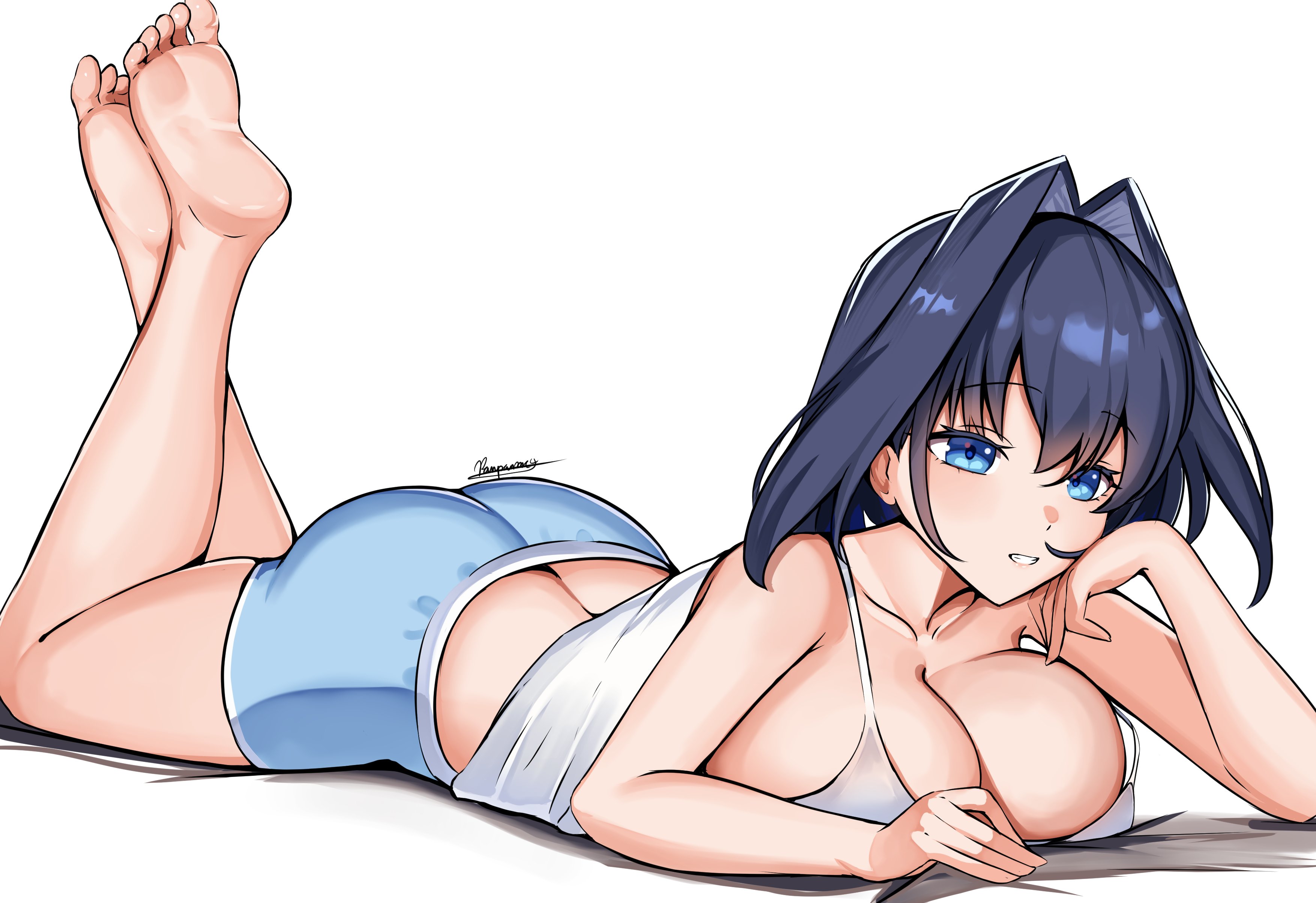 panpanmc4, ouro kronii, hololive, hololive english, absurdres, commentary, highres, symbol-only commentary, 1girl, alternate costume, arm support, ass, barefoot, blue eyes, blue hair, blue shorts, breasts, casual, cleavage, collarbone, full body, grin, hair intakes, head rest, huge breasts, lying, median furrow, medium hair, on bed, on stomach, shorts, signature, simple background, smile, soles, solo, tank top, the pose, virtual youtuber, white background, white tank top