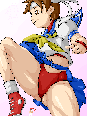 isu, kasugano sakura, ryu (street fighter), capcom, street fighter, lowres, 1boy, 1girl, blue sailor collar, brown hair, clothes lift, high kick, kicking, oekaki, panties, red panties, sailor collar, school uniform, serafuku, skirt, skirt lift, thick thighs, thighs, underwear, when you see it, wind, wind lift