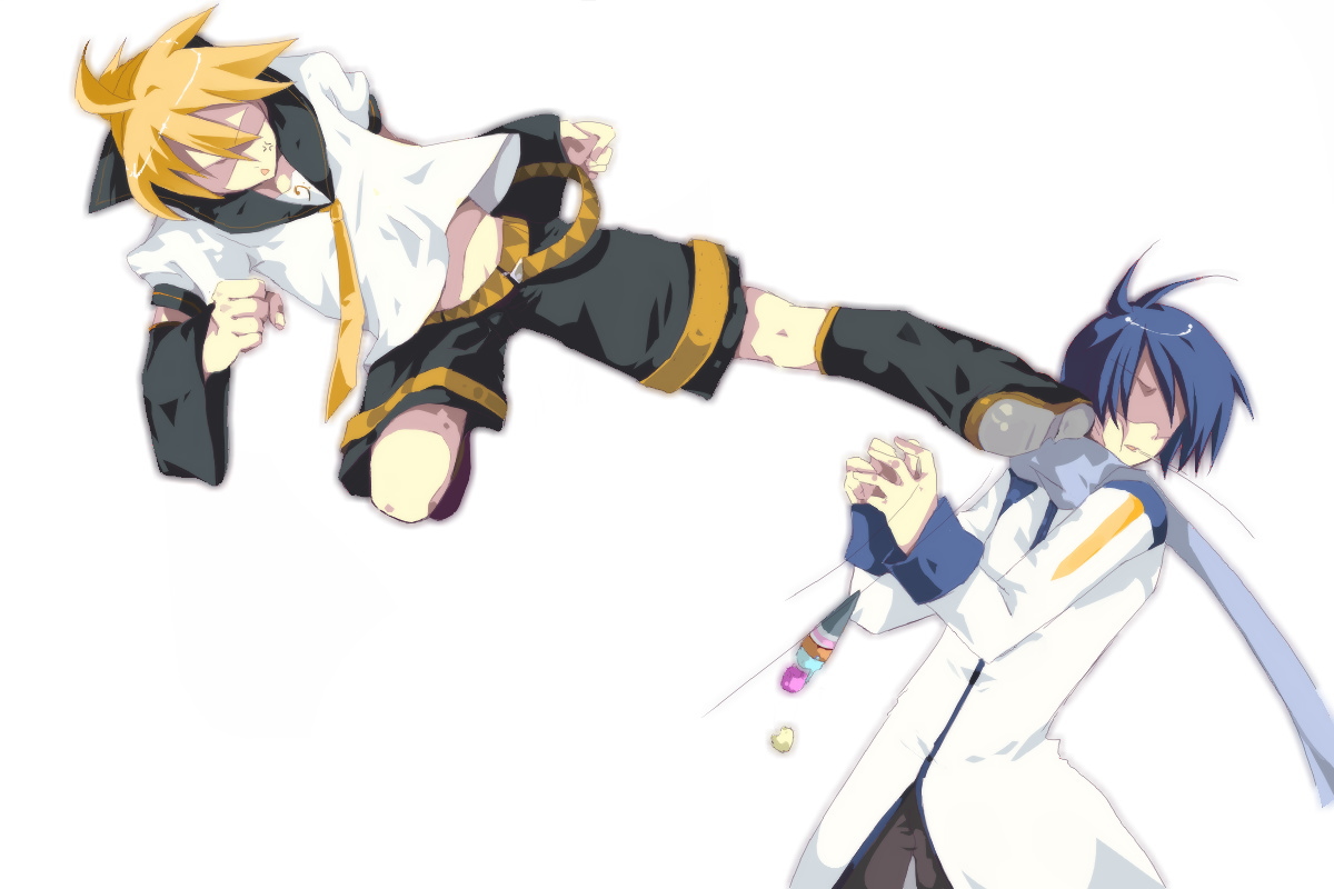 ren (pixiv), kagamine len, kaito (vocaloid), vocaloid, bad id, bad pixiv id, 2boys, blonde hair, blue hair, blue scarf, flying kick, food, ice cream, kicking, male focus, multiple boys, saliva, scarf, short hair
