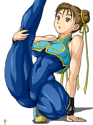 isu, chun-li, ryu (street fighter), capcom, street fighter, lowres, 1boy, 1girl, bodysuit, flexible, leg lift, muscular, oekaki, skin tight, spread legs, thick thighs, thighs, unitard, when you see it