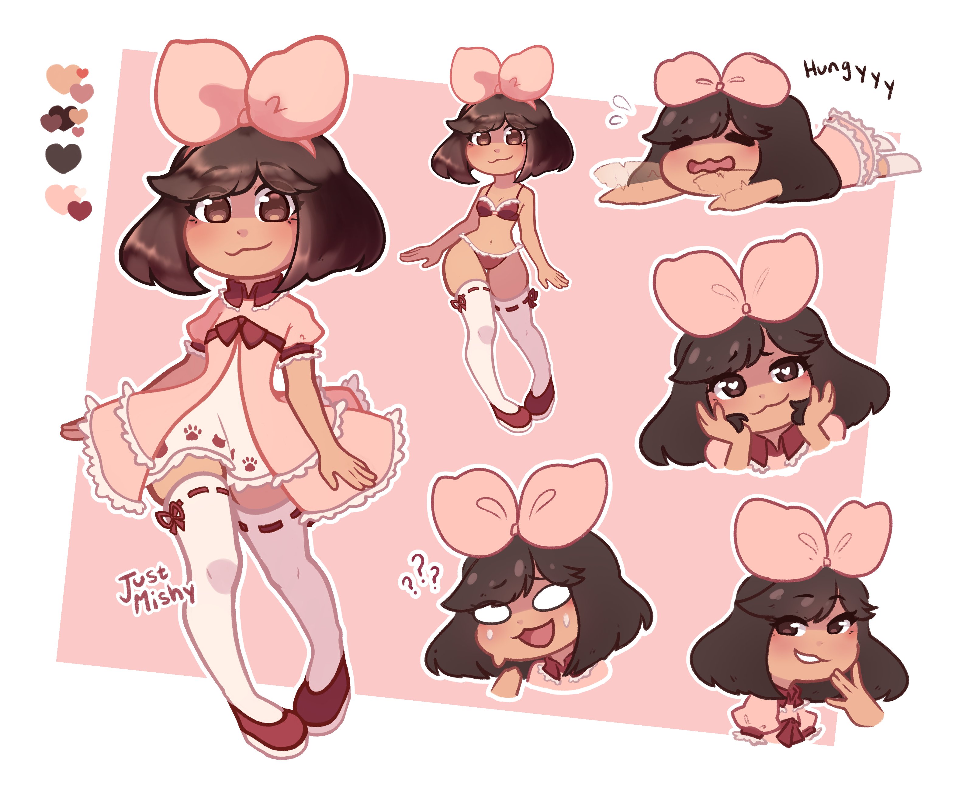 justspicy, original, absurdres, commentary, english commentary, highres, 1girl, :3, ?, ??, bow hairband, bra, breasts, brown eyes, brown hair, chibi, contrapposto, dress, hairband, heart, heart-shaped pupils, lying, nervous sweating, o o, on stomach, panties, pear-shaped figure, pink hairband, red bra, red panties, ribbon-trimmed thighhighs, ribbon trim, short dress, signature, small breasts, sweat, symbol-shaped pupils, thigh gap, thighhighs, underwear, white thighhighs, zettai ryouiki