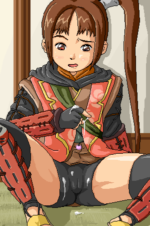 isu, yagyu jubei akane, yagyuu juubei (dawn of dreams), capcom, onimusha, onimusha: dawn of dreams, lowres, 1girl, bike shorts, brown eyes, brown hair, cameltoe, cum, cum on clothes, female focus, oekaki, ponytail, solo, spread legs