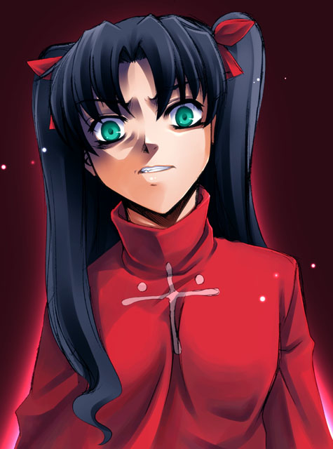 uraomote, tohsaka rin, fate/stay night, fate (series), 00s, 1girl, black hair, crazy eyes, female focus, green eyes, solo, turtleneck, twintails, two side up