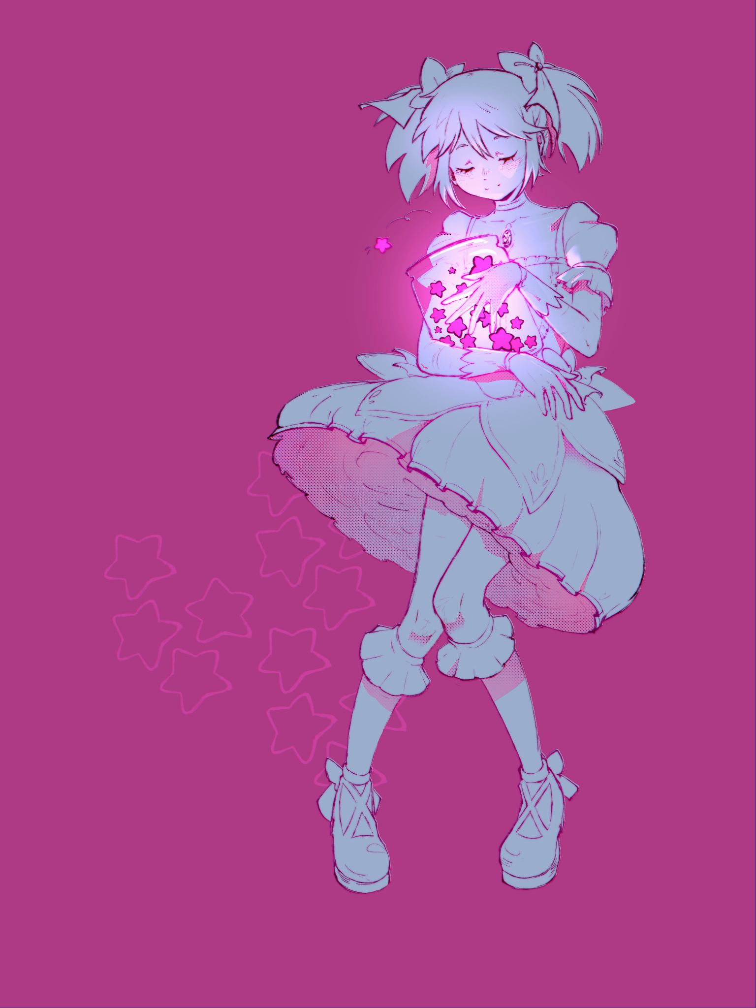 kaname madoka, kaname madoka (magical girl), mahou shoujo madoka magica, mahou shoujo madoka magica (anime), highres, 1girl, ankle ribbon, ankle strap, blush, bobby socks, bow, bubble skirt, center frills, chest jewel, choker, choppy bangs, chromatic aberration, closed eyes, closed mouth, collarbone, cross-laced shoes, doily, dot nose, double-parted bangs, emphasis lines, eyelashes, facing viewer, falling, frilled sleeves, frills, full body, gem, gloves, glowing, hair between eyes, hair bow, halftone, happy, holding, holding jar, hugging object, jar, knees together feet apart, leg ribbon, light blush, lineart, mary janes, mokitou, monochrome, nose blush, petticoat, pink background, pink gemstone, pink theme, puffy short sleeves, puffy sleeves, ribbon, shoes, short sleeves, short twintails, sidelocks, simple background, skirt, smile, socks, solo, soul gem, spot color, square neckline, star (symbol), star symbol background, twintails