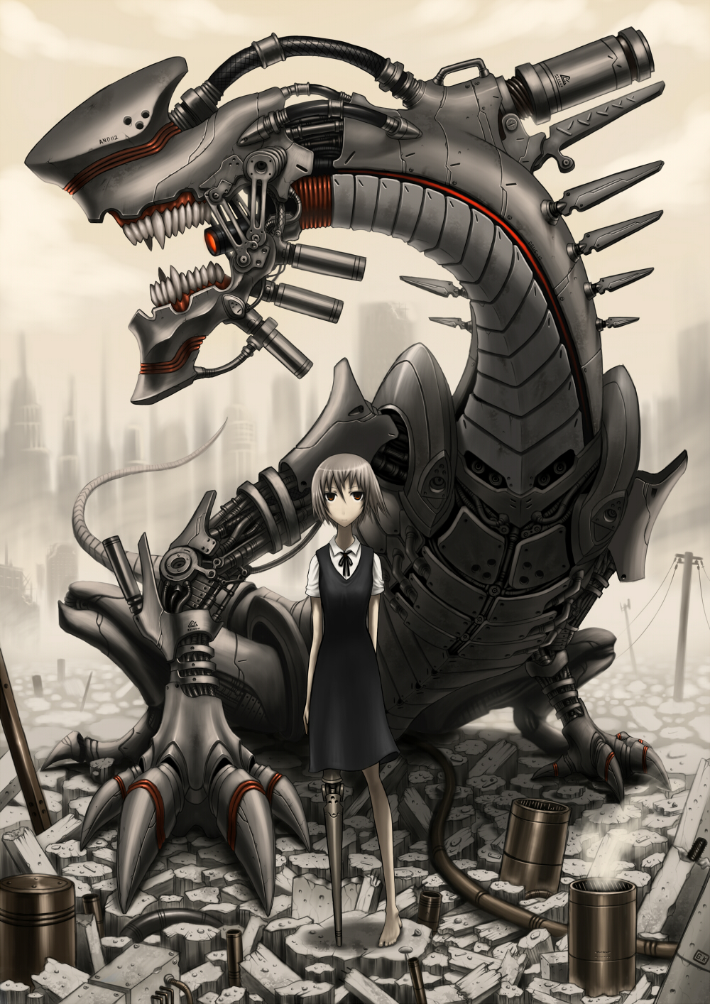 gia, original, highres, brown hair, mecha, prosthesis, red eyes, robot, ruins, short hair