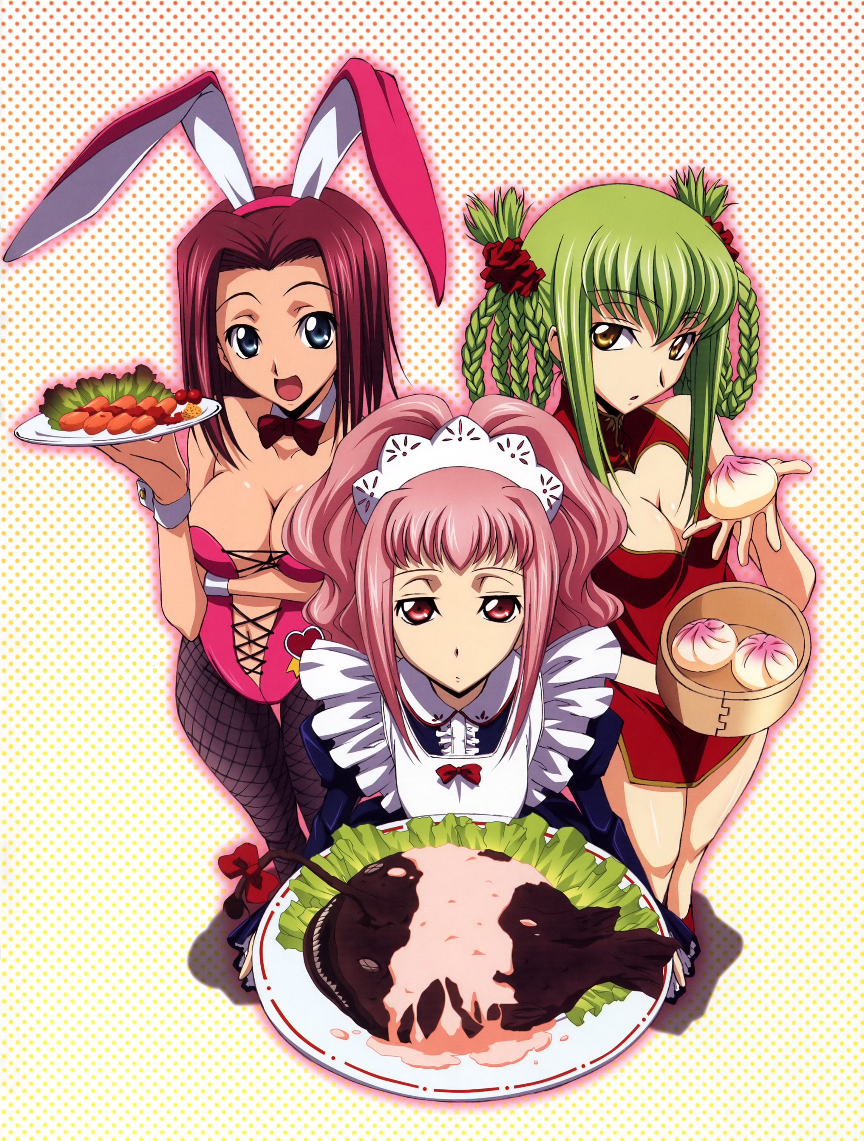 tabata hisayuki, anya alstreim, c.c., kouzuki kallen, code geass, absurdres, highres, official art, 00s, 3girls, alternate costume, animal ears, braid, breasts, china dress, chinese clothes, cleavage, cleavage cutout, clothing cutout, dress, enmaided, fake animal ears, fishnet pantyhose, fishnets, food, maid, multiple girls, pantyhose, playboy bunny, rabbit ears