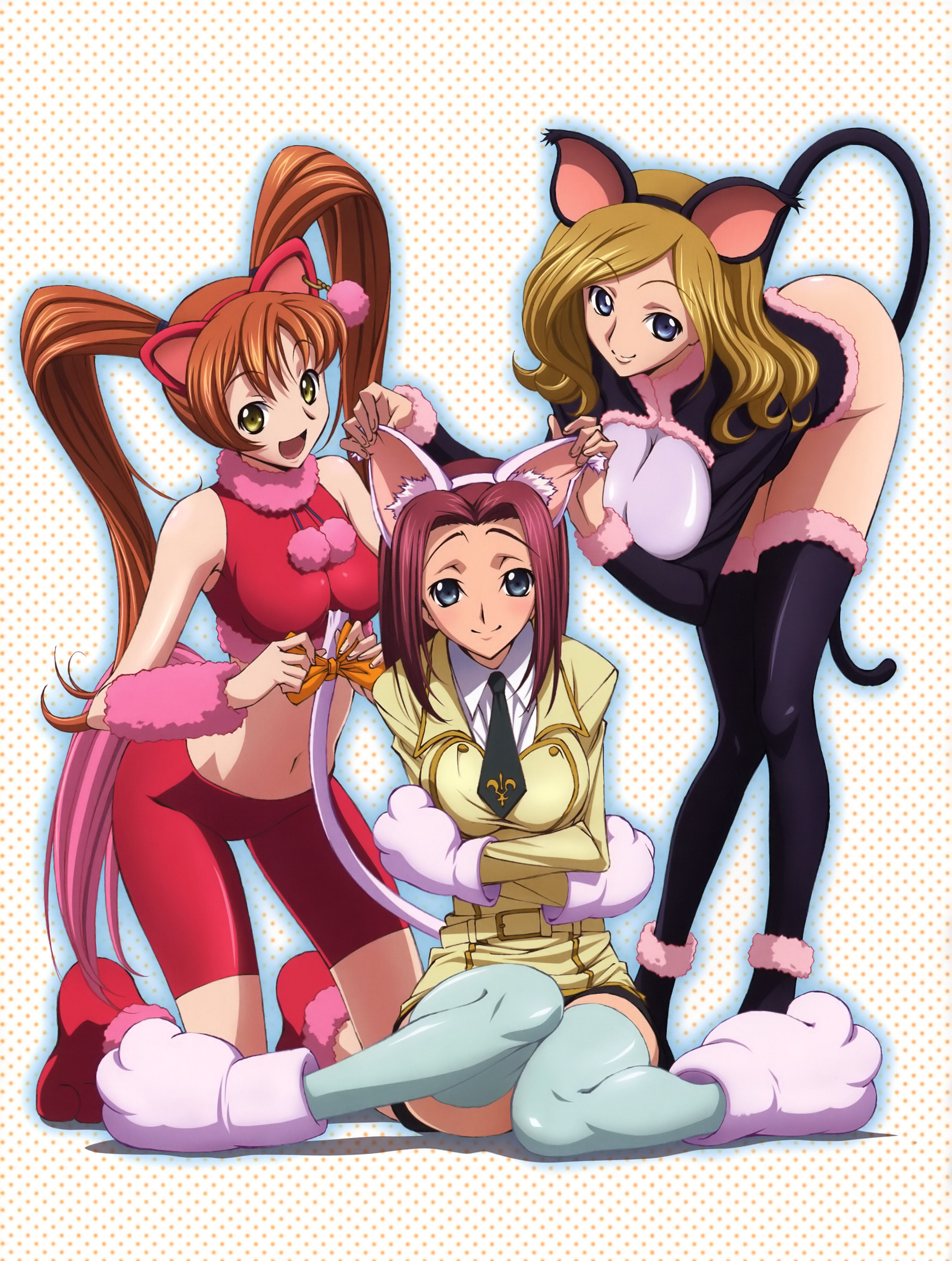 tabata hisayuki, kouzuki kallen, milly ashford, shirley fenette, code geass, black legwear, absurdres, highres, official art, reference work, scan, 3girls, animal ears, animal hands, aqua thighhighs, bike shorts, cat ears, cat tail, cosplay, gloves, multiple girls, paw gloves, paw shoes, school uniform, shoes, sleeveless, sleeveless turtleneck, tail, thighhighs, turtleneck