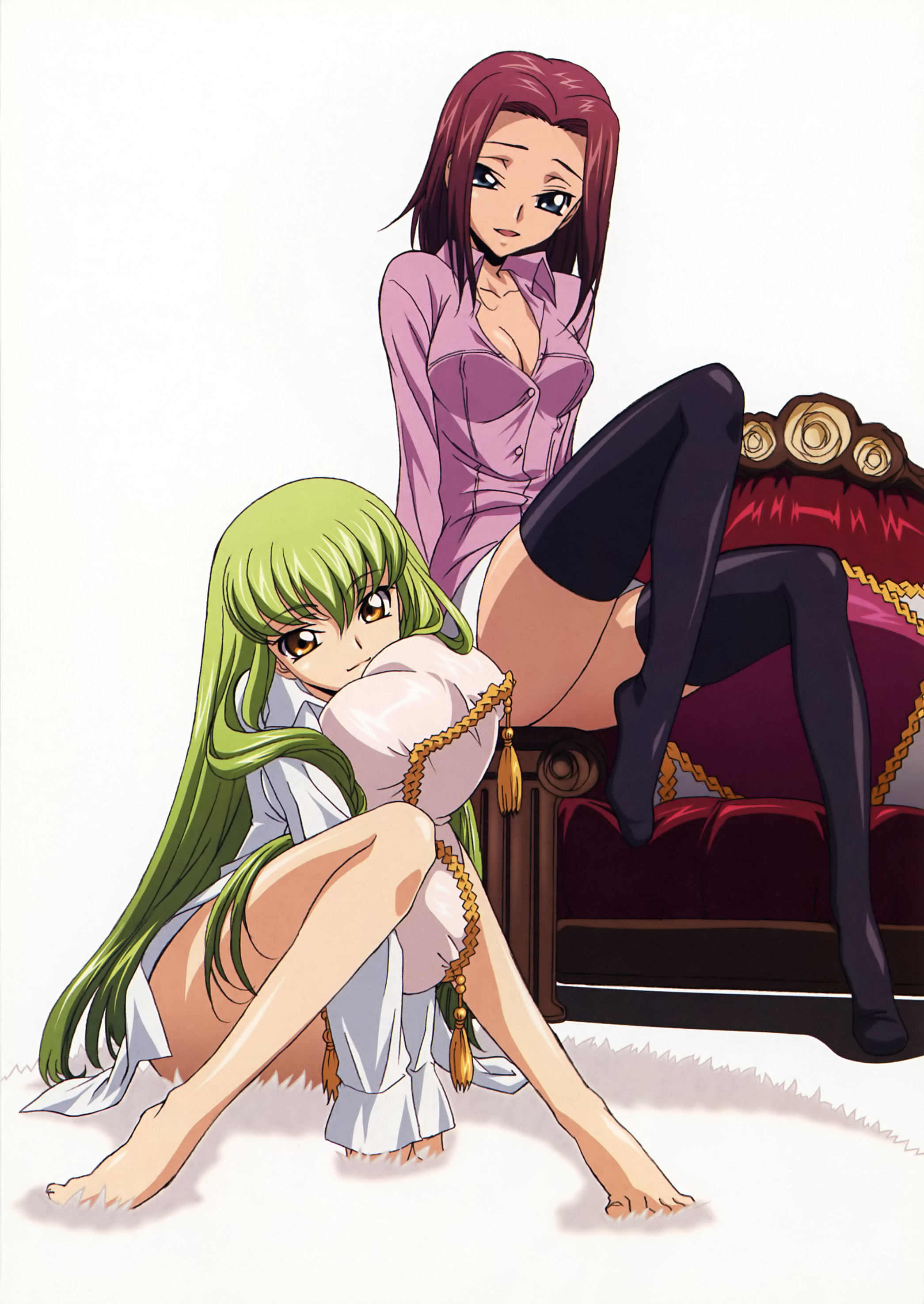 kawaguchi rie, c.c., kouzuki kallen, code geass, absurdres, highres, jpeg artifacts, 00s, 2girls, barefoot, blue eyes, breasts, cleavage, dress shirt, feet, green hair, long hair, multiple girls, open clothes, open shirt, pillow, red hair, shirt, sitting, thighhighs, very long hair, yellow eyes