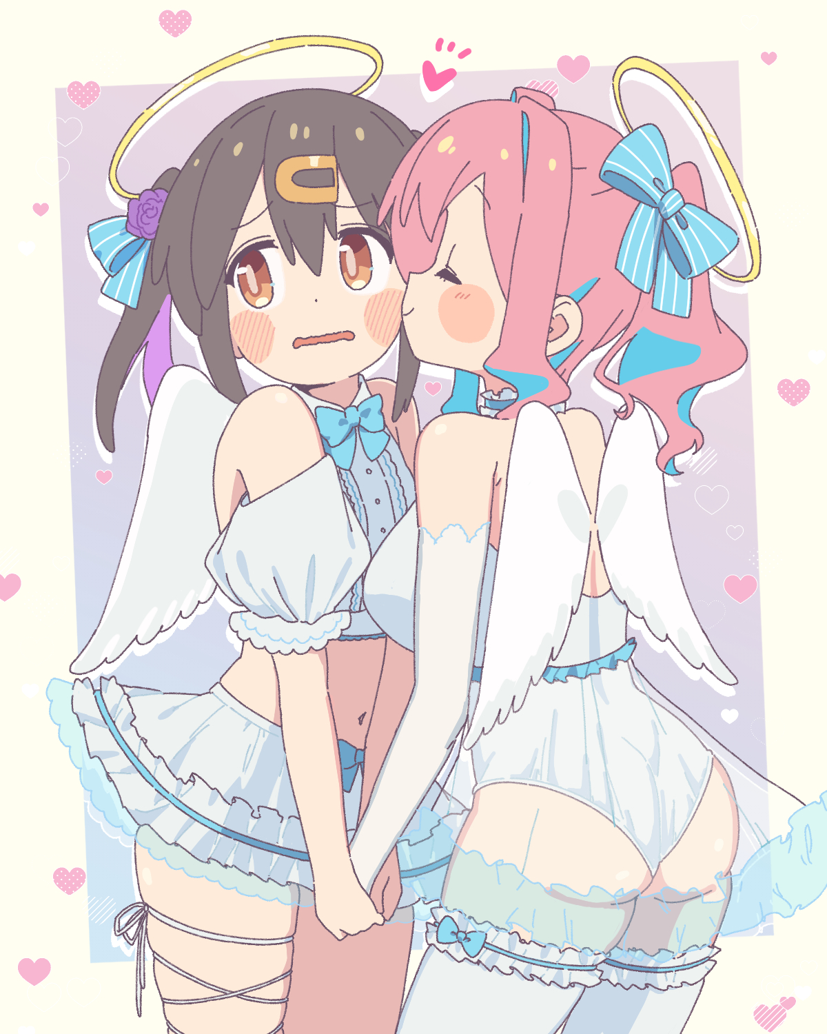 tanpaku (oqu 2), hozuki kaede, oyama mihari, onii-chan wa oshimai!, commentary, highres, 2girls, angel day, angel wings, ass, bare shoulders, black hair, blue bow, blue bowtie, blue hair, blush stickers, bow, bowtie, breasts, brown eyes, closed eyes, cowboy shot, dress, elbow gloves, flower, gloves, hair between eyes, hair bow, hair flower, hair ornament, hairclip, halo, heart, holding hands, kiss, kissing cheek, large breasts, leg ribbon, leotard, midriff, multicolored hair, multiple girls, navel, official alternate costume, open mouth, pink hair, ponytail, purple flower, purple hair, ribbon, see-through clothes, see-through dress, simple background, skirt, smile, strapless, strapless leotard, thigh ribbon, thighhighs, twintails, two-tone hair, wavy mouth, white gloves, white leotard, white skirt, white thighhighs, wings, yuri