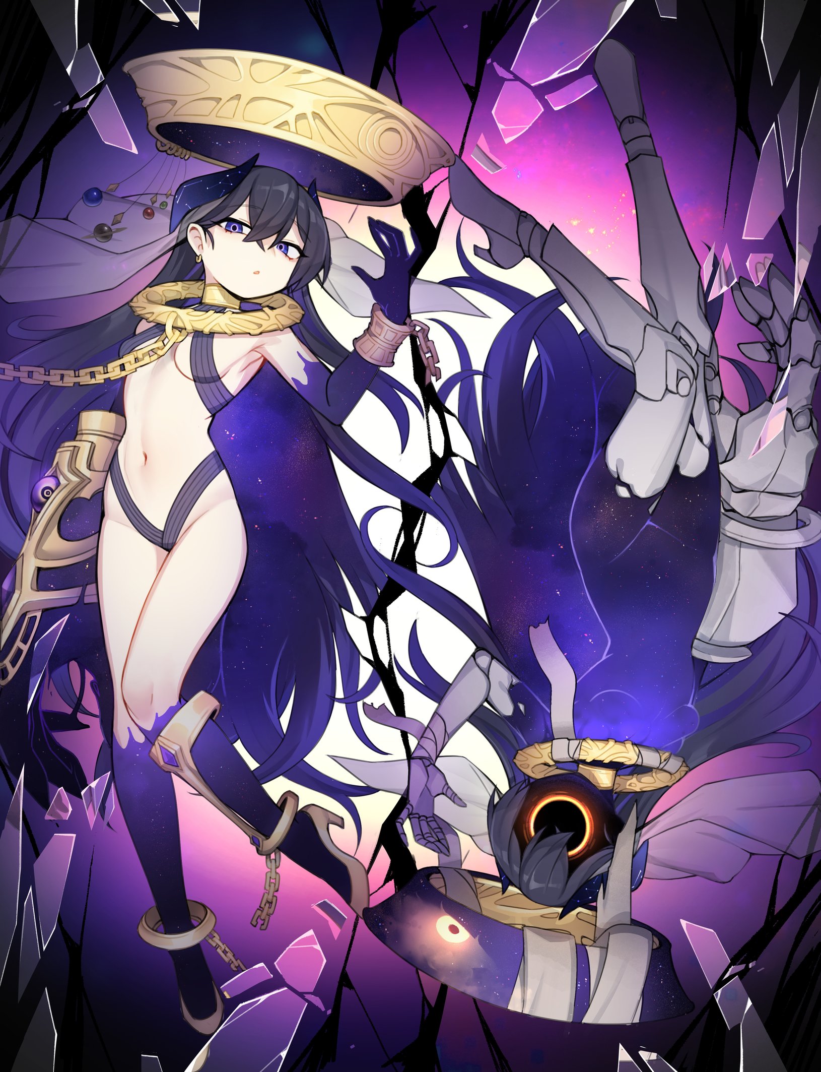 nyong nyong, khaos (ketron), original, large arm, clothing request, commission, highres, second-party source, translated, 1girl, arm up, armored boots, asymmetrical arms, bandaged wrist, bandages, black hole, black hole head, boots, bracelet, breasts, broken glass, chain, clone, collar, constellation print, crack, crossed bangs, double-parted bangs, earrings, eye piercing, gauntlets, glass, gold, gold chain, gold choker, gold earrings, gold gauntlet, gold halo, gold shoes, gradient background, groin, half-closed eyes, high heel boots, high heels, horns, jewelry, long bangs, long hair, looking at viewer, looking to the side, navel, outline, pale skin, parted lips, petite, planet, prosthesis, prosthetic arm, prosthetic hand, prosthetic leg, purple background, purple hair, purple horns, purple outline, purple theme, radial gradient background, raised eyebrows, see-through clothes, see-through veil, shoes, small breasts, solar system, solo, starry hair, starry skin, veil, very long hair