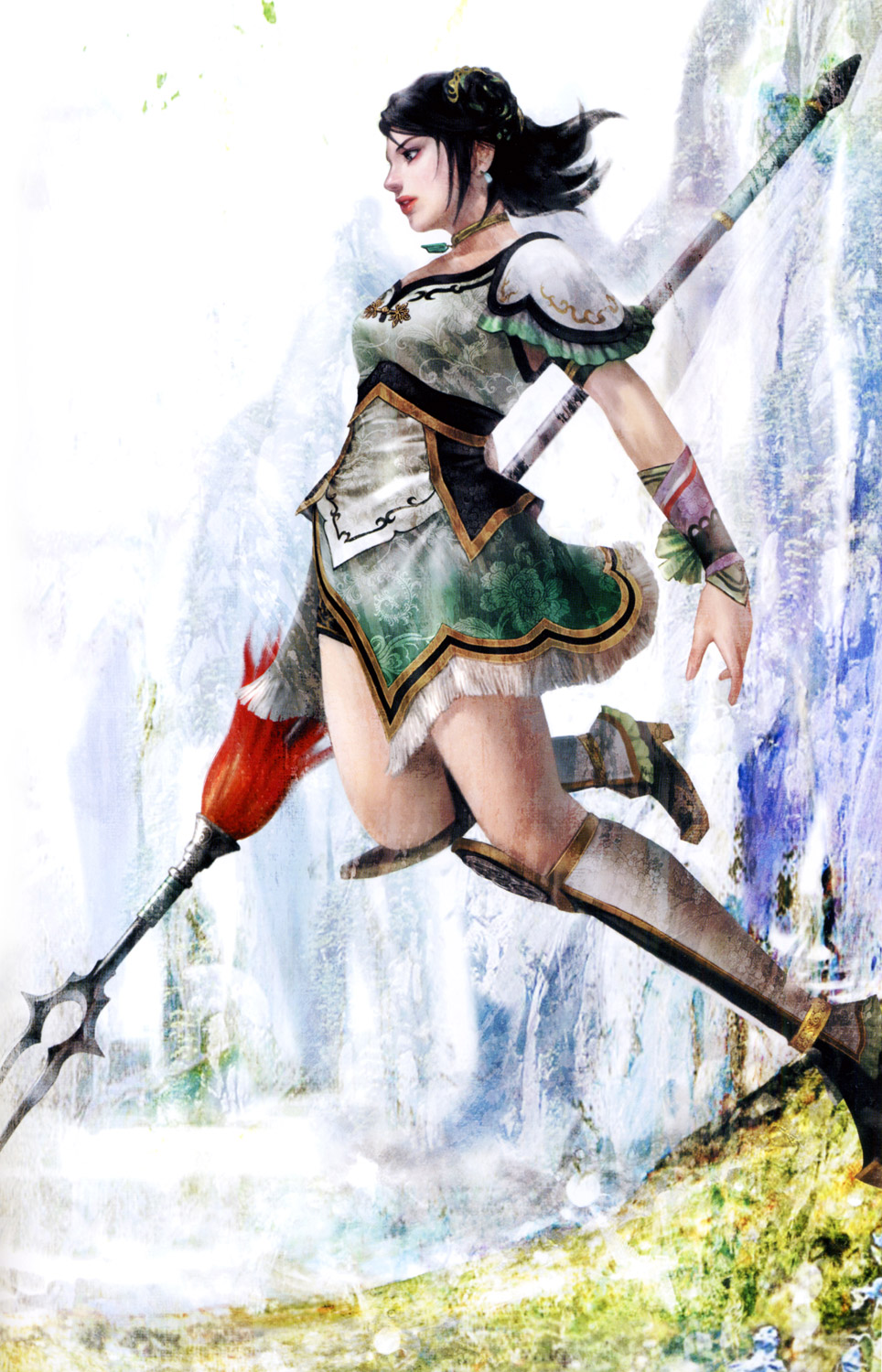 xing cai (shin sangoku musou), sangoku musou 1, shin sangoku musou, highres, official art, 1girl, black hair, boots, choker, earrings, female focus, hair ornament, jewelry, makeup, polearm, short hair, solo, water, waterfall, weapon