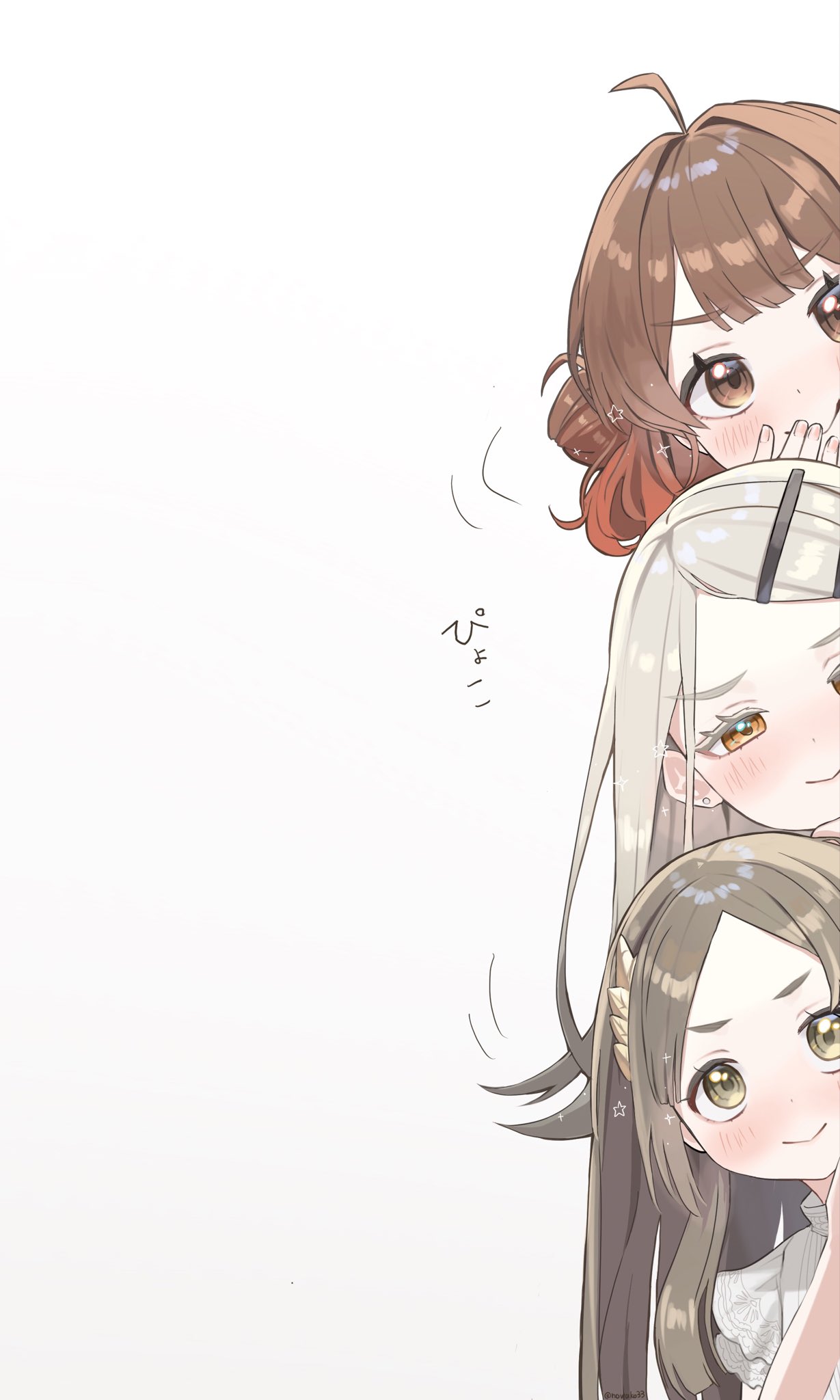 hanami ume, kuramoto china, shinosawa hiro, gakuen idolmaster, idolmaster, commentary request, highres, translation request, 3girls, ahoge, blonde hair, blunt bangs, blunt ends, blush, brown eyes, brown hair, closed mouth, earrings, fingernails, gradient hair, grey hair, hair bun, hair ornament, hairclip, hand to own mouth, jewelry, laurels, leaf hair ornament, long hair, looking at viewer, medium hair, multicolored hair, multiple girls, noko (nowako33), notice lines, orange eyes, parallel hairclips, parted bangs, peeking out, red hair, shirt, simple background, smile, sparkle, star (symbol), stud earrings, twitter username, white background, white shirt