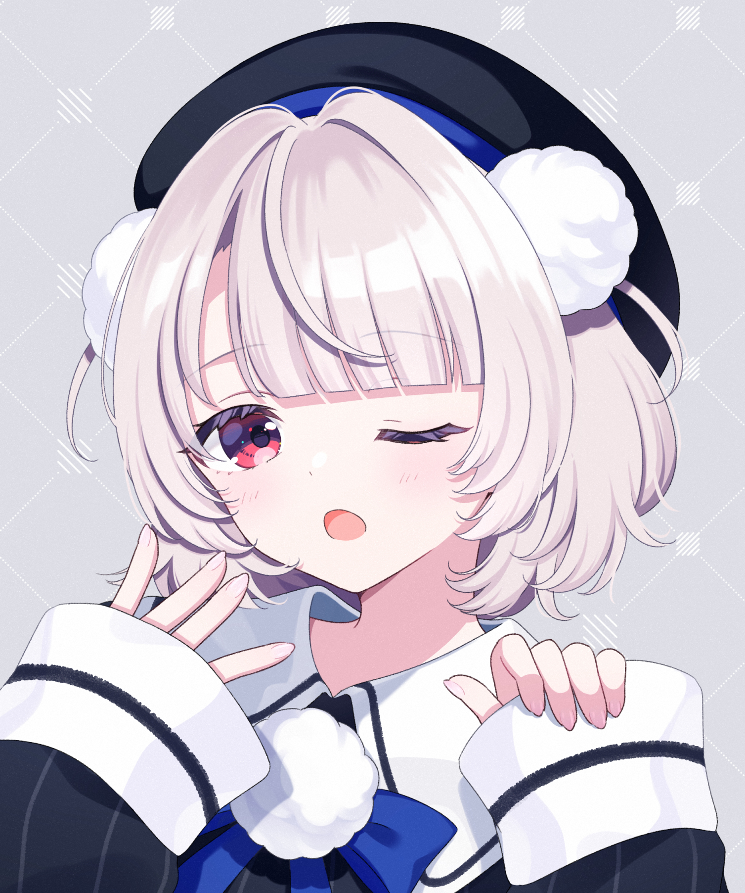 rooibos, ui (voisona), voisona, commentary request, highres, 1girl, ;o, beret, black hat, black jacket, blue bow, blue bowtie, blunt bangs, blush, bow, bowtie, fingernails, grey background, grey hair, hair ornament, hat, jacket, long sleeves, looking at viewer, one eye closed, pinching sleeves, pinstripe jacket, pinstripe pattern, pom pom (clothes), pom pom hair ornament, red eyes, sailor collar, school uniform, short hair, side part, solo, two side up, upper body, white sailor collar, wrist cuffs, yawning