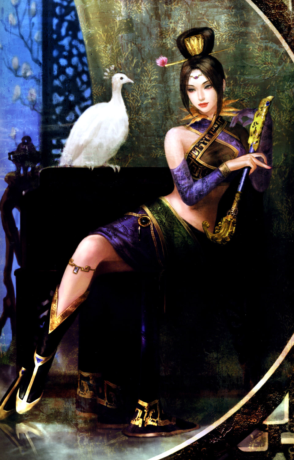 zhen ji, sangoku musou 1, shin sangoku musou, highres, official art, 1girl, bare shoulders, bird, black hair, boots, brown eyes, dress, female focus, gloves, hair ornament, makeup, midriff, navel, smile, solo