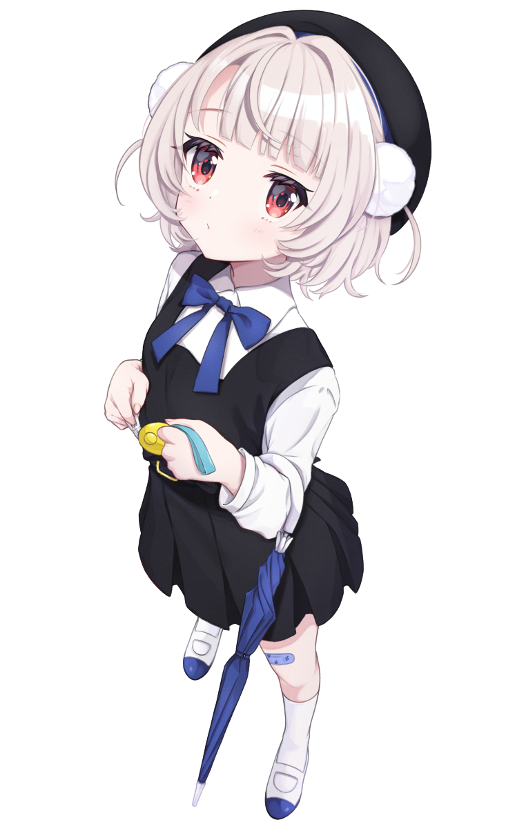 suzushika (13 96), shigure ui (vtuber), shigure ui (vtuber) (young), ui (voisona), voisona, commentary, highres, 1girl, aged down, bandaid, bandaid on knee, bandaid on leg, beret, black dress, black hat, blue bow, blue bowtie, blush, bow, bowtie, closed umbrella, collared shirt, cosplay, crime prevention buzzer, crime prevention buzzer threat, dress, dress shirt, expressionless, from above, grey hair, hair ornament, hat, holding, holding umbrella, kneehighs, long sleeves, parted lips, pinafore dress, pom pom (clothes), pom pom hair ornament, red eyes, school uniform, shigure ui (vtuber) (cosplay), shirt, shoes, short hair, side part, simple background, sleeveless, sleeveless dress, socks, solo, surprised, two side up, umbrella, uwabaki, white background, white shirt, white shoes, white socks, wispy bangs
