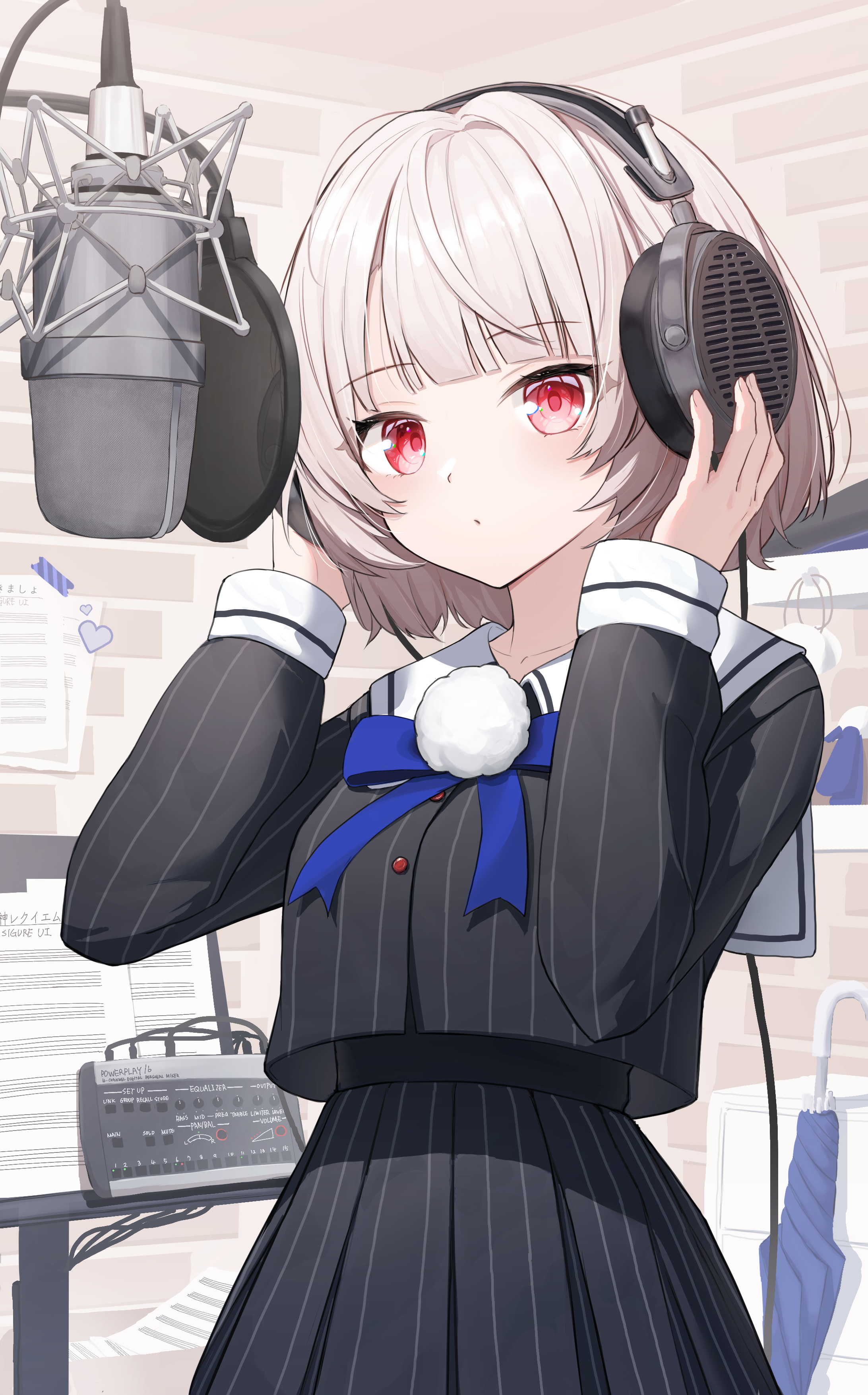 rakun, ui (voisona), voisona, absurdres, commentary, highres, 1girl, :o, black jacket, black skirt, blue bow, blue bowtie, blunt bangs, blush, bow, bowtie, brick wall, buttons, closed umbrella, grey hair, hair ornament, hands on headphones, hands up, headphones, indoors, jacket, long sleeves, microphone, no headwear, parted lips, pinstripe jacket, pinstripe pattern, pinstripe skirt, pleated skirt, pom pom (clothes), pom pom hair ornament, pop filter, recording studio, red eyes, sailor collar, school uniform, sheet music, shirt overhang, short hair, side part, skirt, solo, studio microphone, swept bangs, umbrella, white sailor collar, wrist cuffs